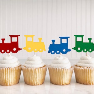 Train Cupcake Toppers/ Choo Choo I&#39;m Two/ Train Birthday Party Decor/ Chugga Chugga Two Two/ Railroad/ Locomotive/ Steam Engine/ Conductor