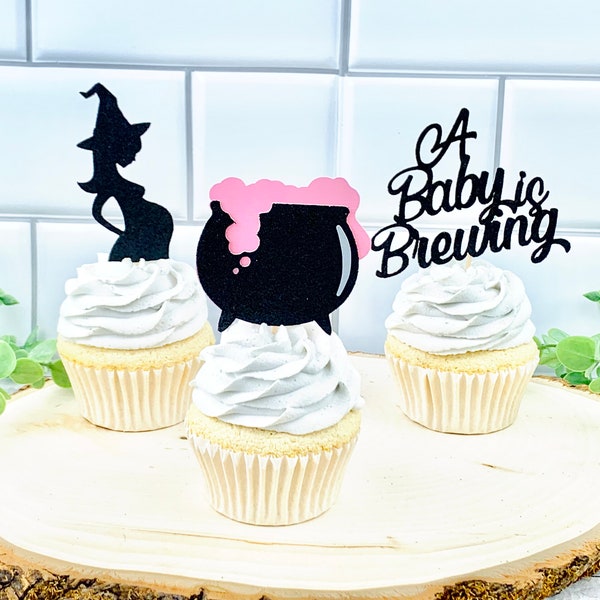 A Baby Is Brewing Cupcake Toppers/ Halloween Gender Reveal Toppers/ A Baby Is Brewing/ Witch Baby Shower/ Cauldron/ Spooky/ 12 Toppers