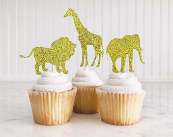 Safari animal cupcake toppers, giraffe, elephant, lion, gold glitter, jungle animal party, jungle safari defor, 12 ct.