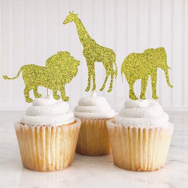 Safari animal cupcake toppers, giraffe, elephant, lion, gold glitter, jungle animal party, jungle safari defor, 12 ct.