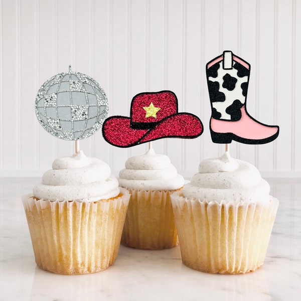 Disco Cowgirl Cupcake Toppers/ My 1st Rodeo Birthday Party/ Disco Ball Bachelorette Decor/ Man I Feel Like I'm One/ Cow Print Boots/ Western