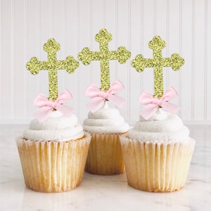 Baptism Cupcake Toppers/ Religious Cross Party Decorations/ First Communion Food Picks/ Christening Table Decor/ God Bless/ Cross Toppers