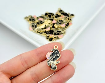 2 Raven Charms / Black Crow Charms/ Enamel Raven/  Raven With Rose Pendant/ Jewelry Making Supplies/ DIY Jewelry Supplies