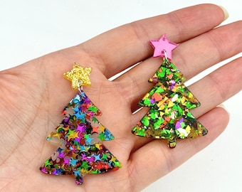 Christmas Tree Acrylic Earring Blanks/ Adorable Glitter Holiday Tree Charms With Star/ Confetti Tree Pendants/ Christmas DIY Jewelry Supply