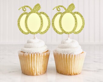 Toppers de cupcakes de calabaza pequeña crema, una pequeña calabaza está en camino, género neutro, decoración de cumpleaños de Halloween, cumpleaños de otoño, baby shower
