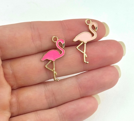 Pink Flamingo Charms/ Tropical Animal Pendants/ Gold Enamel