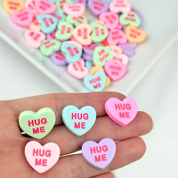 5 Conversation Heart Candy Cabochons/ Hug Me/ Resin Candy Hearts/ Valentine's Day Jewelry Supplies/ Flatback