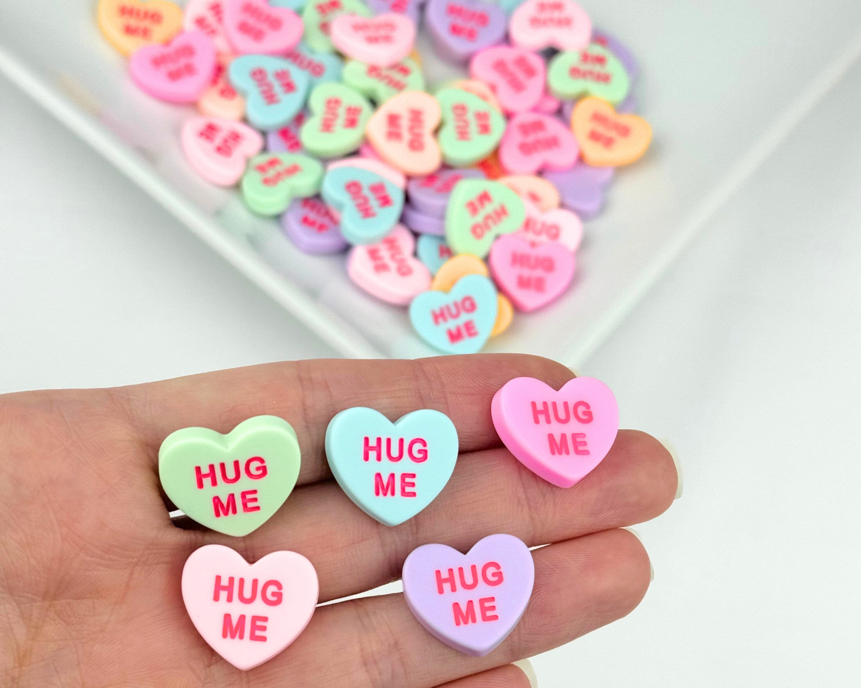 5 Conversation Heart Candy Cabochons/ Hug Me/ Resin Candy Hearts