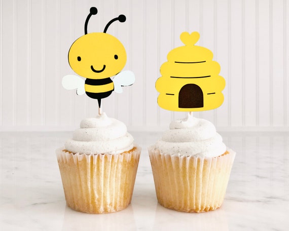 12 Bumble Bee and Bee Hive Cupcake Toppers/ Happy Bee Day/ What Will It Be  Baby Shower Decor/ Mommy to Bee 