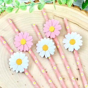 12 cannucce da festa margherita, decorazione festa fiore margherita rosa e bianca, Groovy un compleanno, cannucce di carta, decorazioni boho margherita, margherita rosa