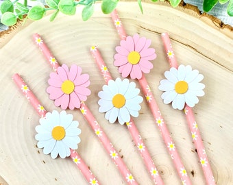 12 Daisy Party Straws, Pink And White Daisy Flower Party Decor, Groovy One Birthday, Paper Straws, Daisy Boho Decorations, Pink Daisy
