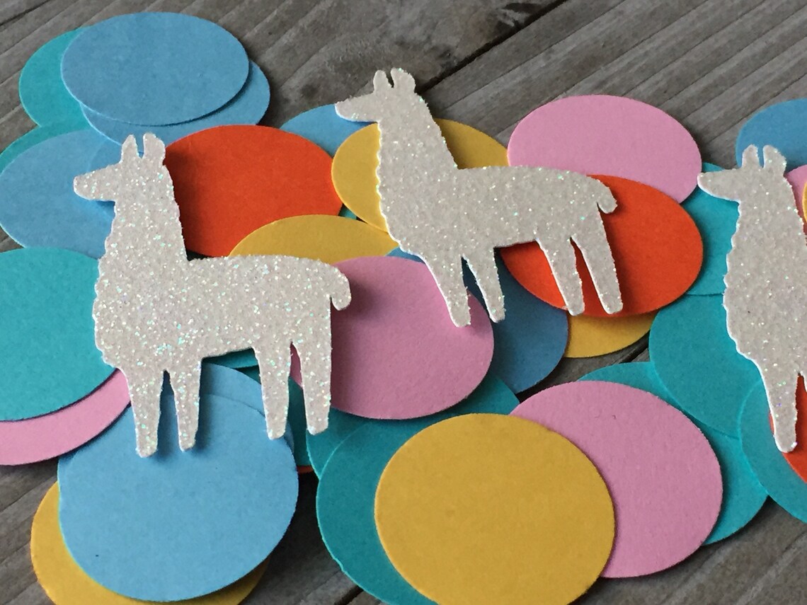 Llama Confetti, White Glitter Llamas and Colorful Circles, Llama Party ...