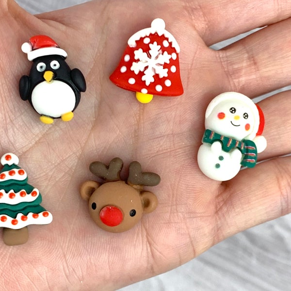 10 Christmas Resin Charms/ Christmas Tree Flatback/ Reindeer Embellishment/ Snowman/ Penguin/ Snowflake Bell/ Jewelry Making Supplies