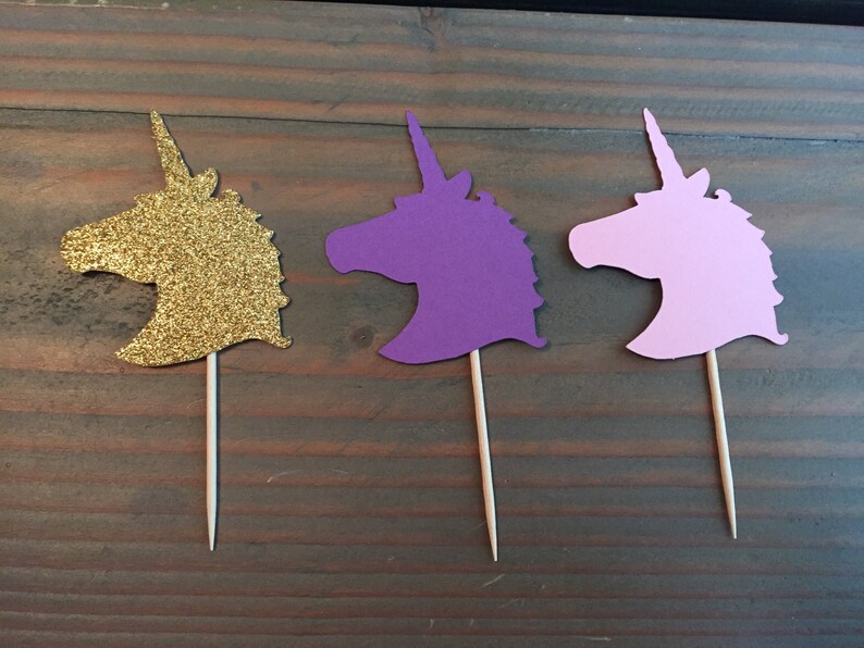 12 gold glitter pink purple unicorn head cupcake toppers