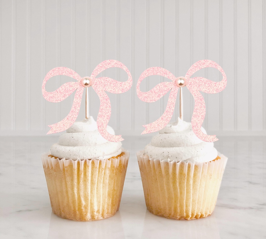 24-PCS Pink Bow Cupcake Toppers - Coquette Birthday & Bridal Shower Decorations