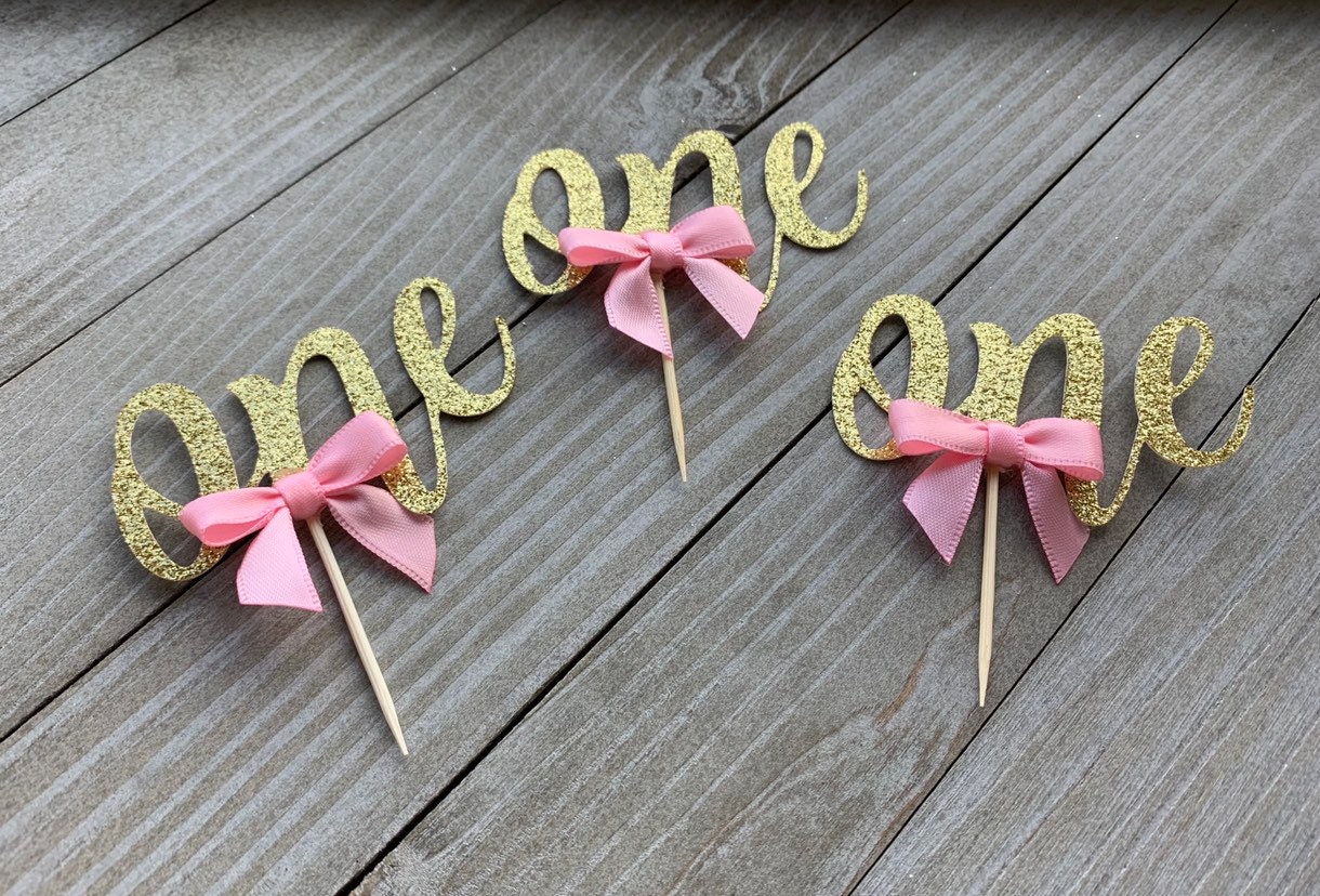 12 Gold Glitter One Cupcake Toppers With Bow, First Birthday, One ...