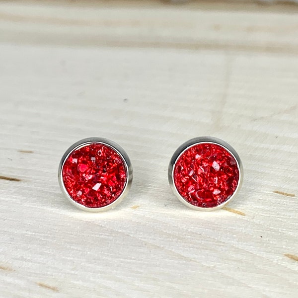 8mm Druzy Earrings/ Red Faux Druzy Earrings/ Ruby Red/ Hypoallergenic Stainless Steel/ Red Earrings/ Jewelry Gifts/ 1 Pair