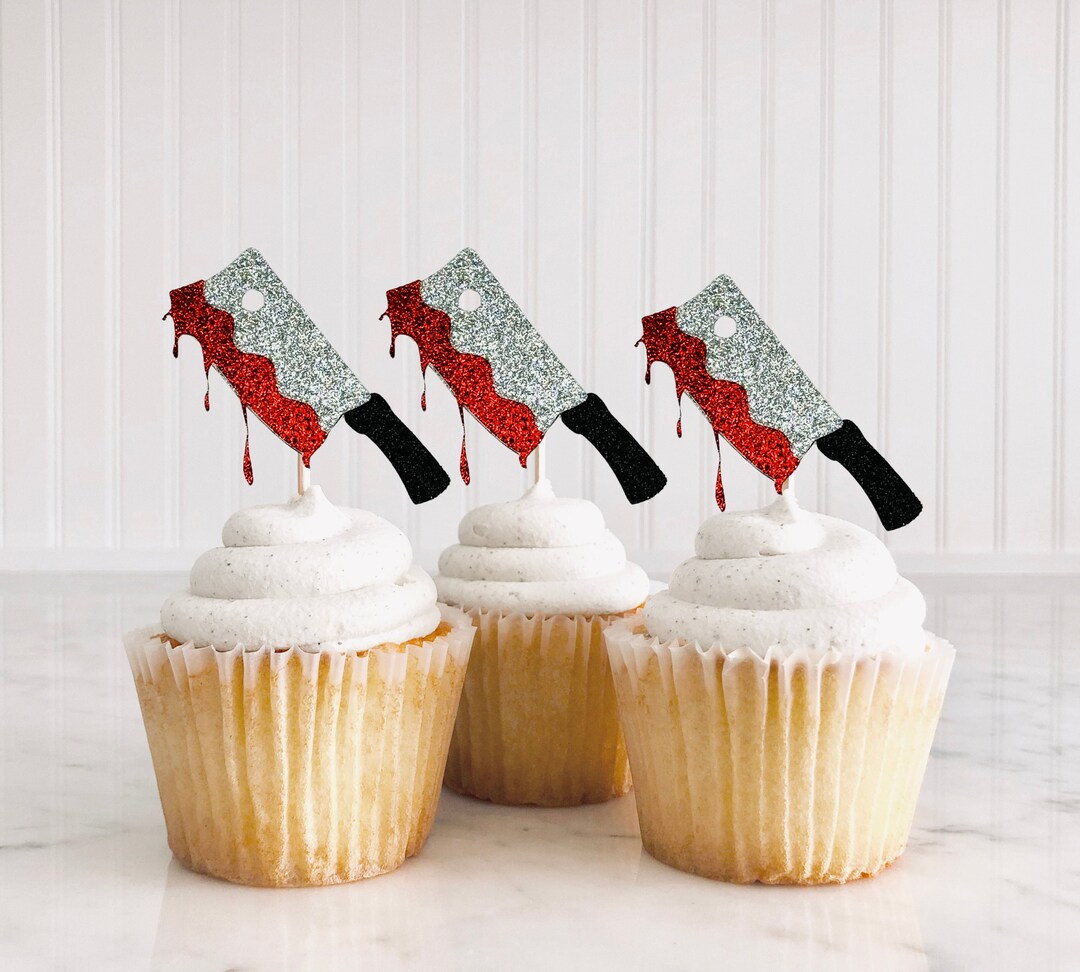 12 Bloody Butcher Knife Cupcake Toppers, Horror Movie Party Decor
