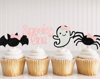 12 Spooky One Cupcake Toppers, Cute Spider, Ghost, Bat, Pink And Black, Girl Halloween Birthday Party, Halloween 1st Birthday, Happy Booday