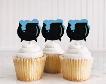 A Baby Is Brewing Cupcake Toppers/ Halloween Gender Reveal Toppers/ A Baby Is Brewing/ Witch Baby Shower/ Cauldron/ Pink/ Blue / 12 Toppers