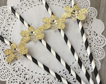 12 Bumblebee paper straws, mommy to bee party decorations, bumblebee baby shower, gold glitter bees, black and white striped paper straw