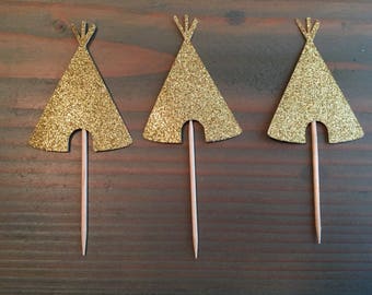 12 gold glitter teepee cupcake toppers, tribal cupcake toppers, wild one, birthday party, baby shower