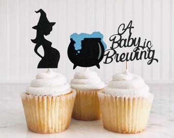 A Baby Is Brewing Cupcake Toppers/ Halloween Gender Reveal Toppers/ A Baby Is Brewing/ Witch Baby Shower/ Cauldron/ Spooky/ 12 Toppers