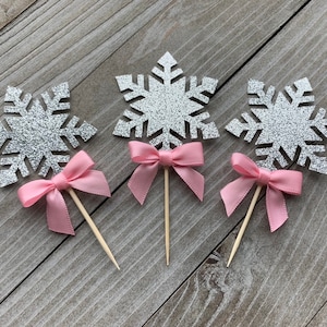 12 Silver Glitter Snowflake Cupcake Toppers With Bow, Winter Wonderland, Frozen Party Decor/ Winter Baby Shower