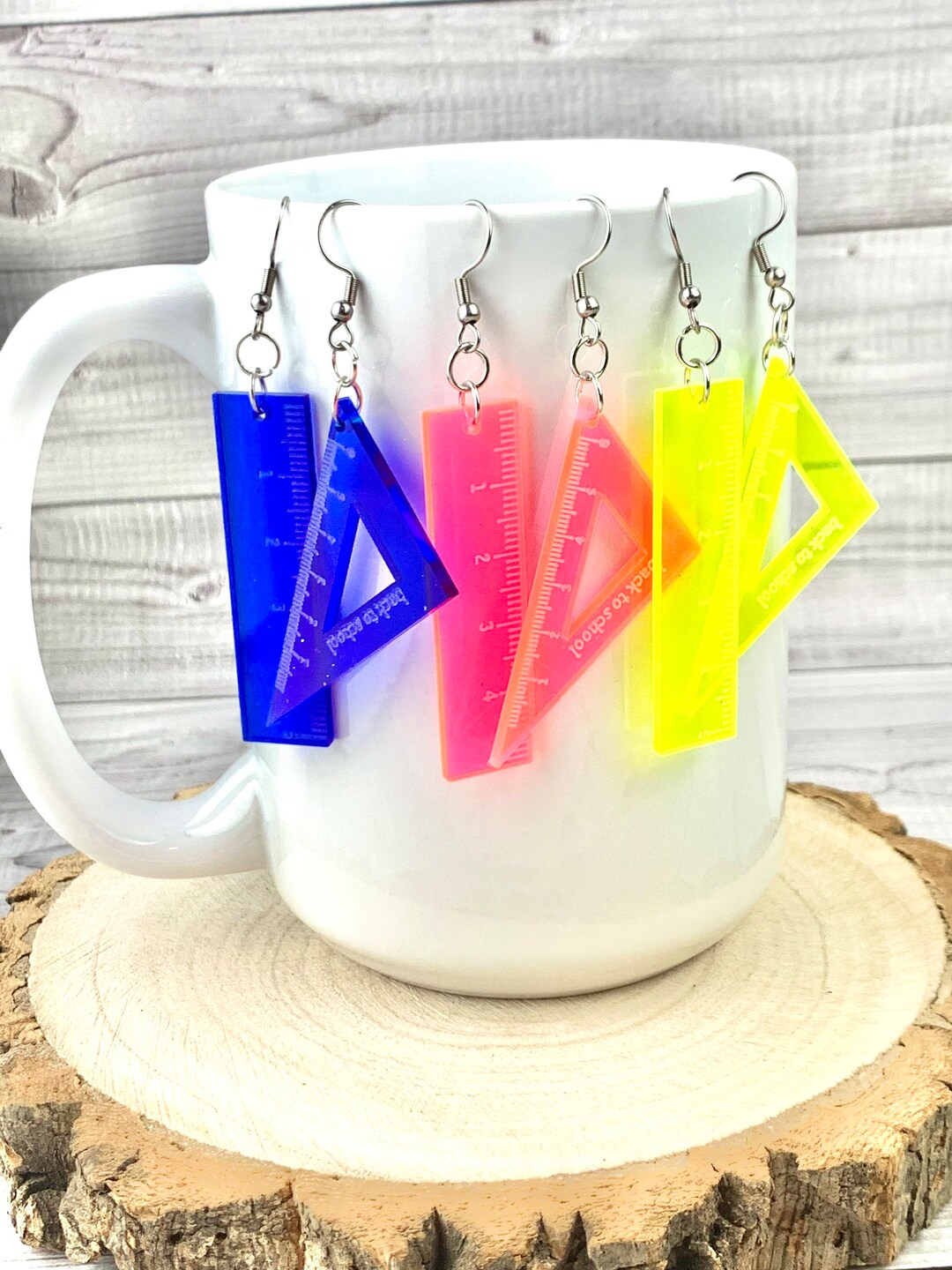 Ruler and Protractor Earrings/ Neon Ruler Earrings/ Back to Etsy
