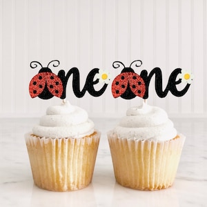 Ladybug And Daisy Cupcake Toppers/ Little Lady 1st Birthday Party Decor/ Ladybug Baby Shower/ Spring Party Decorations/ Food Picks/ Summer