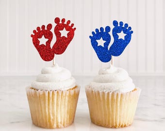 Rot, Weiß und Due Cupcake Toppers / 4. Juli Baby Shower Party Decor / Unabhängigkeit Gender Reveal Partyzubehör / Bunt Baby Sprinkle