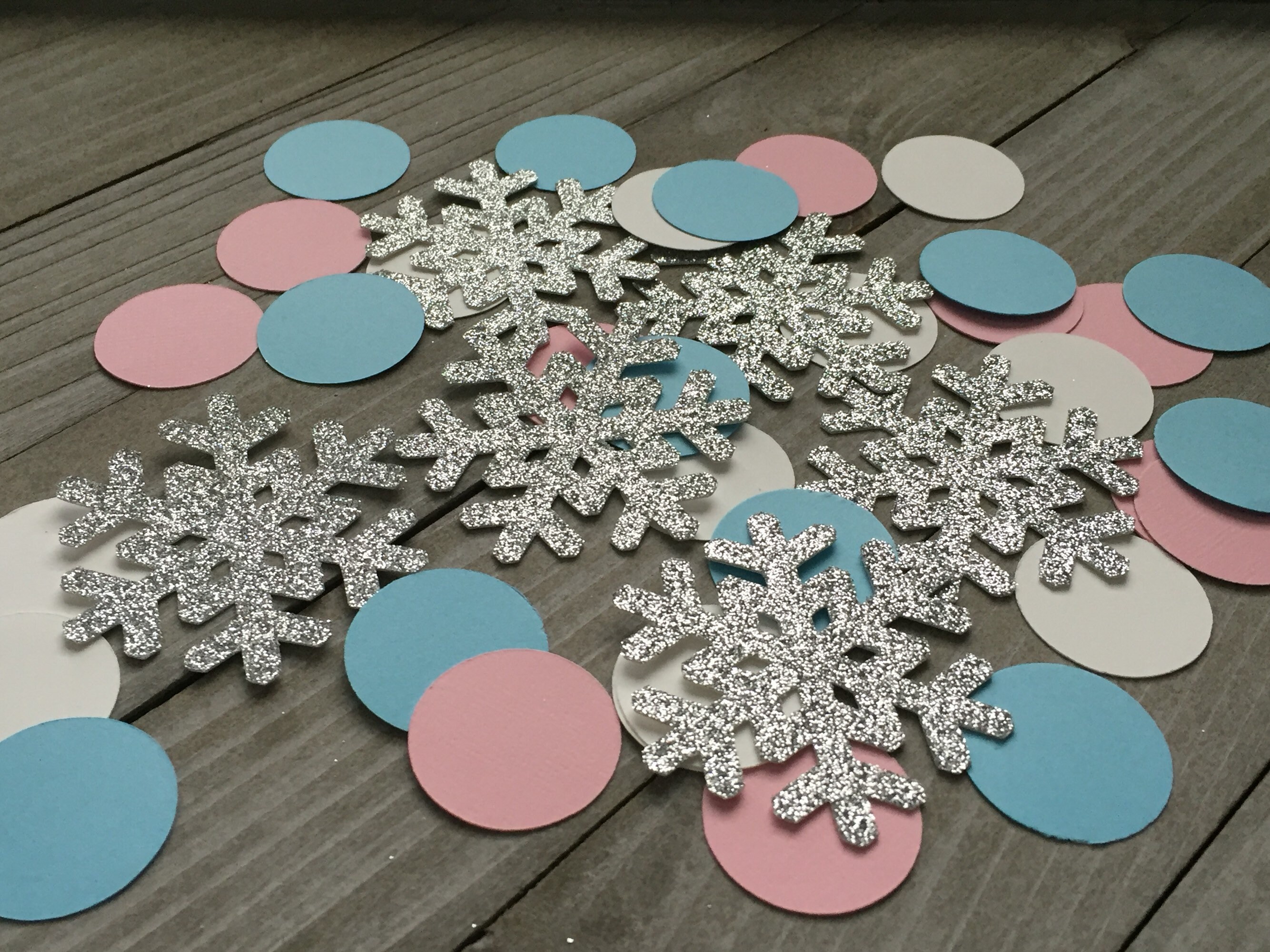 100 silver glitter snowflakes with baby blue pink and white circle confetti winter wonderland snowflake confetti frozen