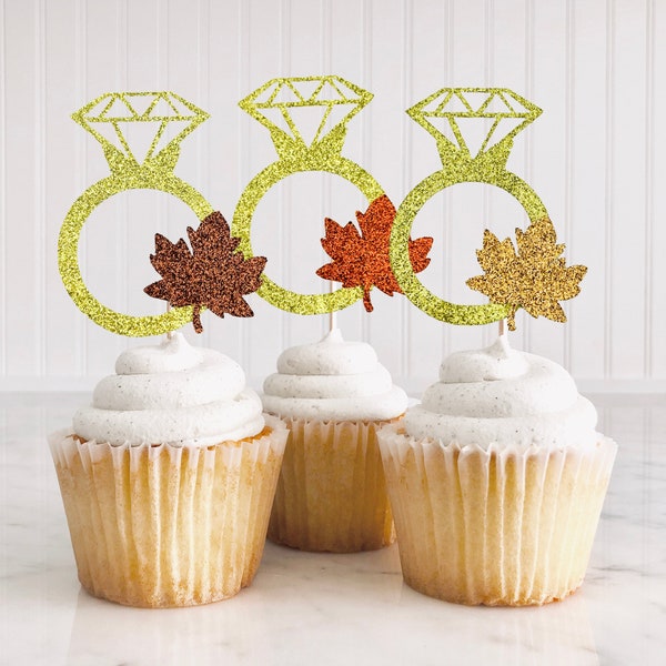 Fall In Love Cupcake Toppers/ Diamond Ring With Leaf Cupcake Toppers/ Bachelorette Fall Decor/ Fall Wedding/ Fall Bridal Shower Party Decor