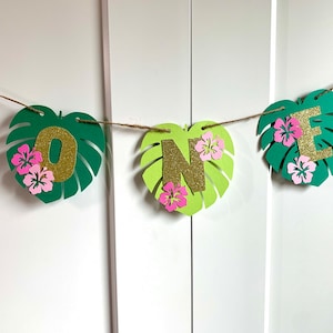 Tropical One Banner/ Luau Birthday Banner/ Luau Garland/ Monstera Leaves/ Hawaiian High Chair Banner/ Tropical Party Decorations