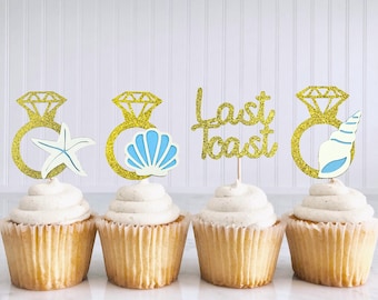Letztes Toast an der Küste Cupcake Topper / Strand Brautparty Dekoration / Junggesellinnenabschied / Muscheln und Hochzeitsglocken / Tropisch