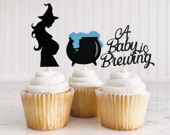 A Baby Is Brewing Cupcake Toppers/ Halloween Gender Reveal Party Decor/ Pregnant Witch Baby Shower/ Boo-y Or Ghoul/ Witch Or Wizard/ Spooky