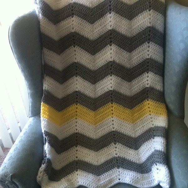 Adult size gray and white with yellow strip chevron crochet blanket