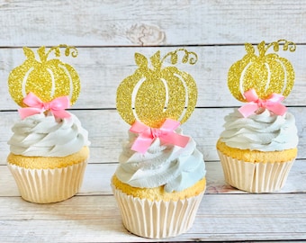 12 Pumpkin Cupcake Toppers, Gold Glitter Pumpkin Toppers With Bow, Little Pumpkin Birthday Decor, Little Pumpkin Cupcake Toppers