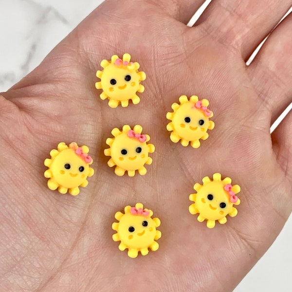 5 or 10 Sunshine Charms/ Yellow Smiling Sun Cabochon/ Sun Embellishment/ Jewelry Making Supplies/ Bow Center