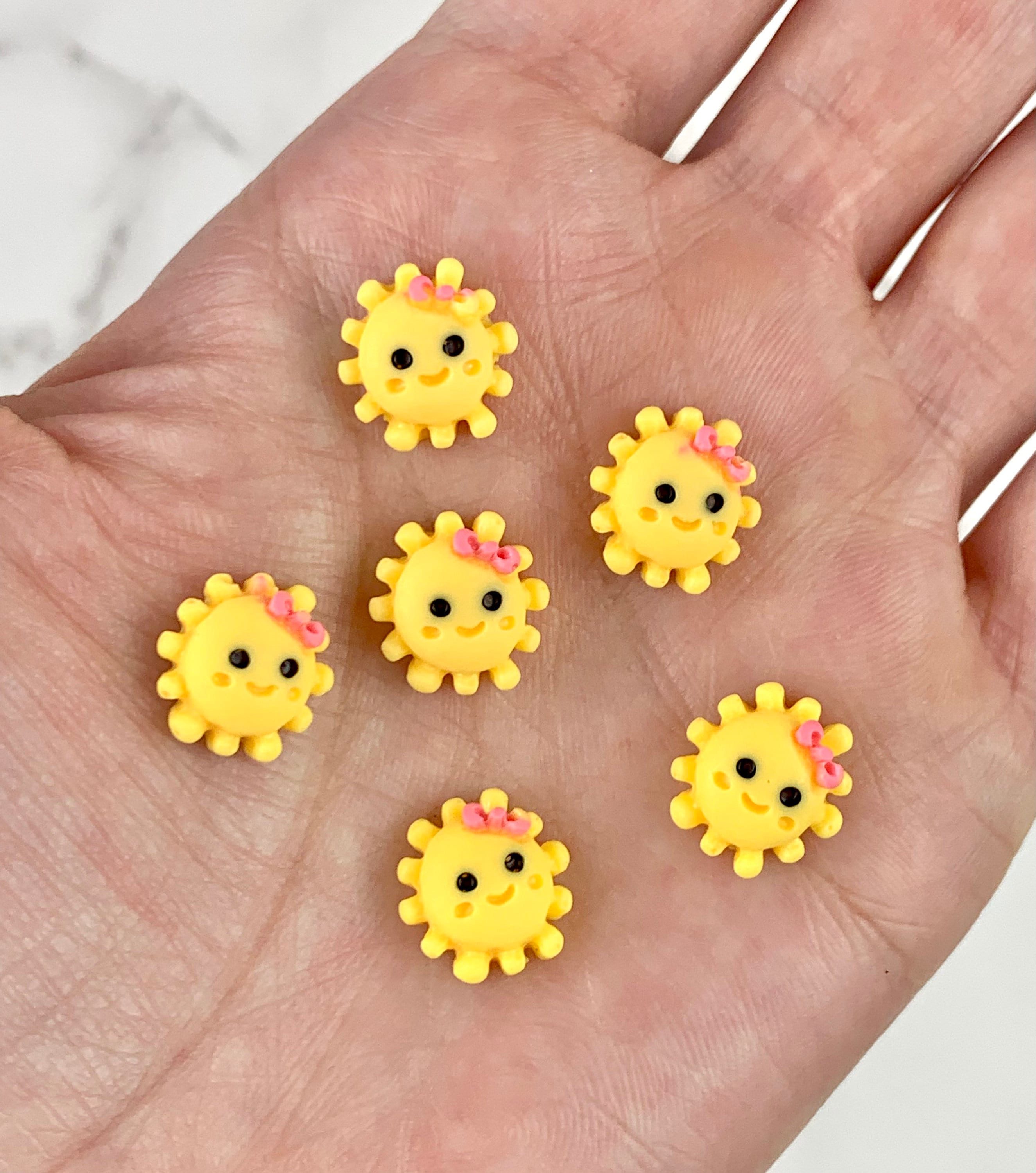 5 or 10 Sunshine Charms/ Yellow Smiling Sun Cabochon/ Sun Embellishment/ Jewelry Making Supplies/ Bow Center