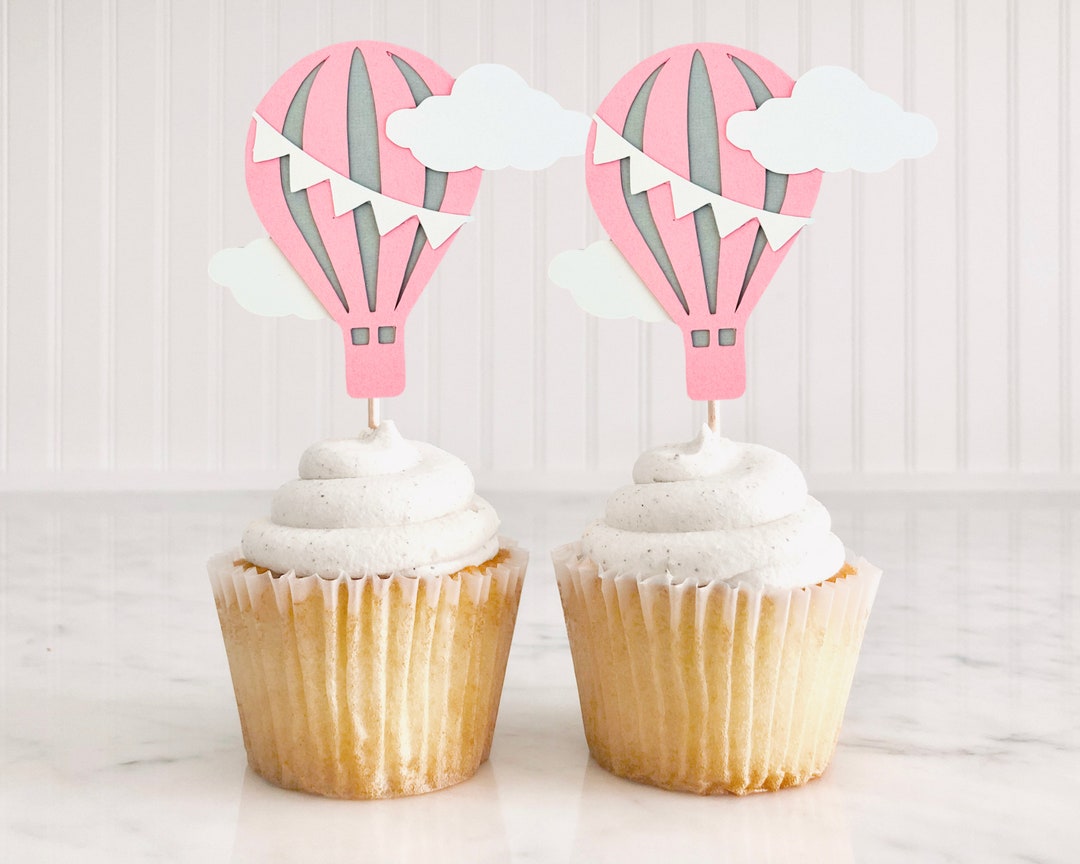 12 Hot Air Balloon Cupcake Toppers, Pink and Gray Hot Air Balloons, up ...