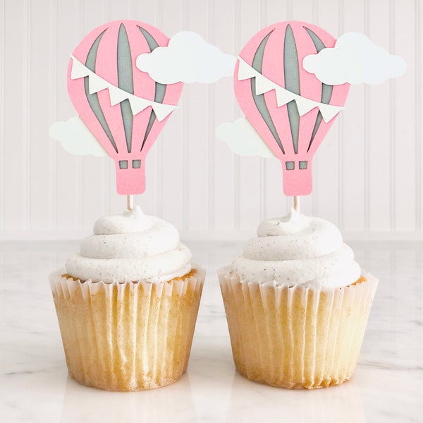 12 Hot Air Balloon Cupcake Toppers, Pink And Gray Hot Air Balloons, Up And Away Decor, Oh The Places You Will Go Birthday, Baby Shower