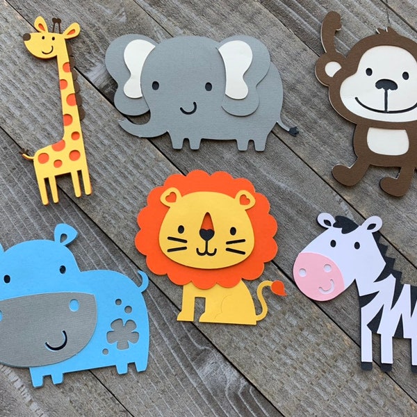 6 Safari Animal Cutouts, Jungle Party, Safari Birthday Decorations, Zoo Animals, Lion, Giraffe, Hippo, Elephant, Monkey, Zebra, Baby Shower