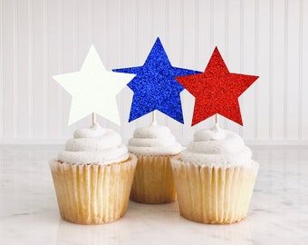 Toppers cupcake del 4 luglio/Toppers cupcake stella/Decorazioni per feste del 4 luglio/Rosso, bianco e due/Giorno dell'Indipendenza/Piccolo petardo