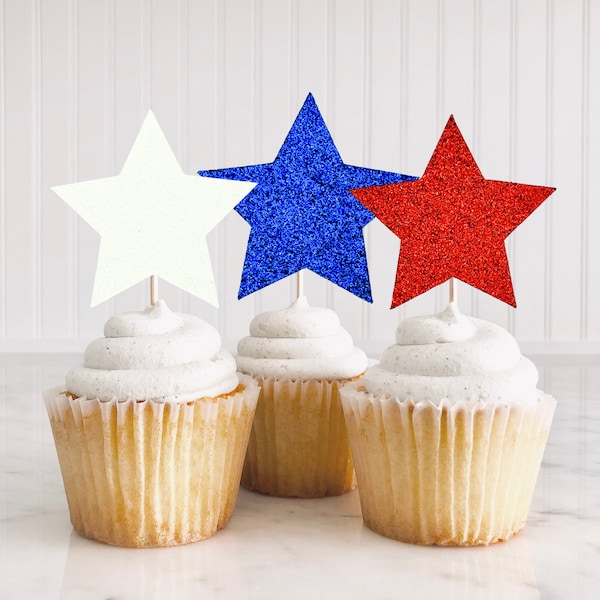 4th of July Cupcake Toppers/ Star Cupcake Toppers/ Fourth Of July Party Decor/ Red, White And Two/ Independence Day/ Little Firecracker