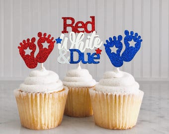 Rot, Weiß und Due Cupcake Toppers / 4. Juli Baby Shower Party Decor / Unabhängigkeit Gender Reveal Partyzubehör / Bunt Baby Sprinkle