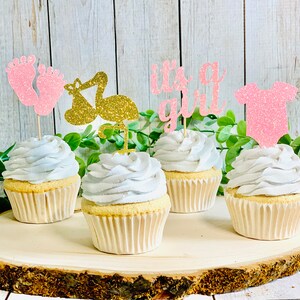 12 Girl Baby Shower Cupcake Toppers/ It&#39;s A Girl/ Stork/ Baby Body Suit/ Baby Feet/ Gender Reveal Decor/ Baby Shower