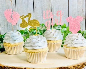 12 décorations pour cupcakes pour baby shower, c'est une fille, cigogne, body pour bébé, pieds de bébé, décor révélateur de sexe, baby shower