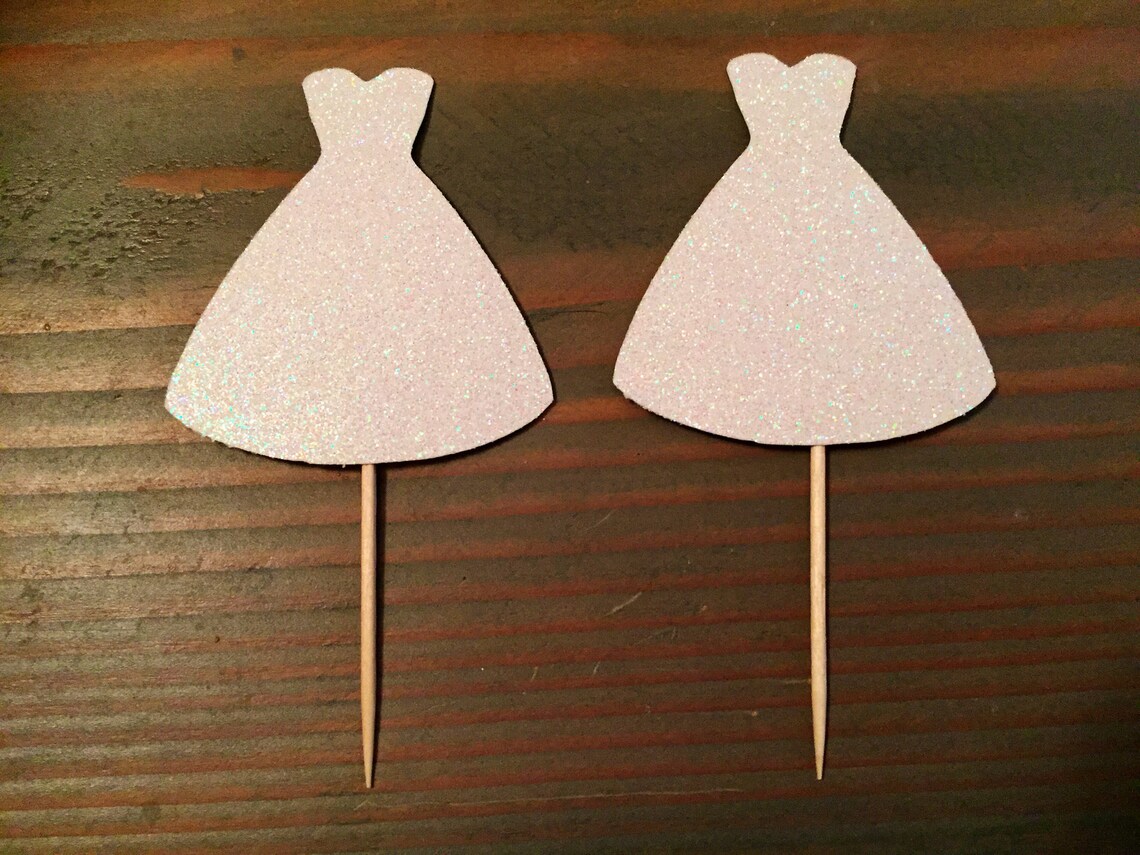 12 White Glitter Sparkly Wedding Dress Cupcake Toppers Bridal | Etsy