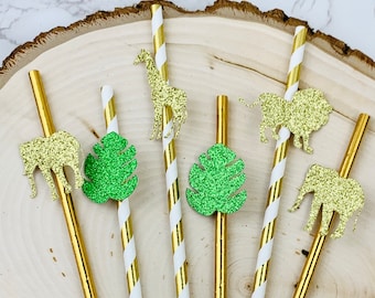 Pajitas de fiesta de animales de Safari/ Decoraciones de fiesta de cumpleaños salvaje uno/ Decoración de fiesta de la selva/ Pajitas de papel/ Cumpleaños de safari salvaje y tres